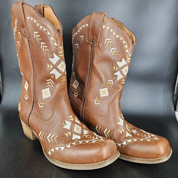 Dingo Cowboy Boots Women 11M Brown Leather Western Embroidered Aztec Square Toe - Picture 1 of 16